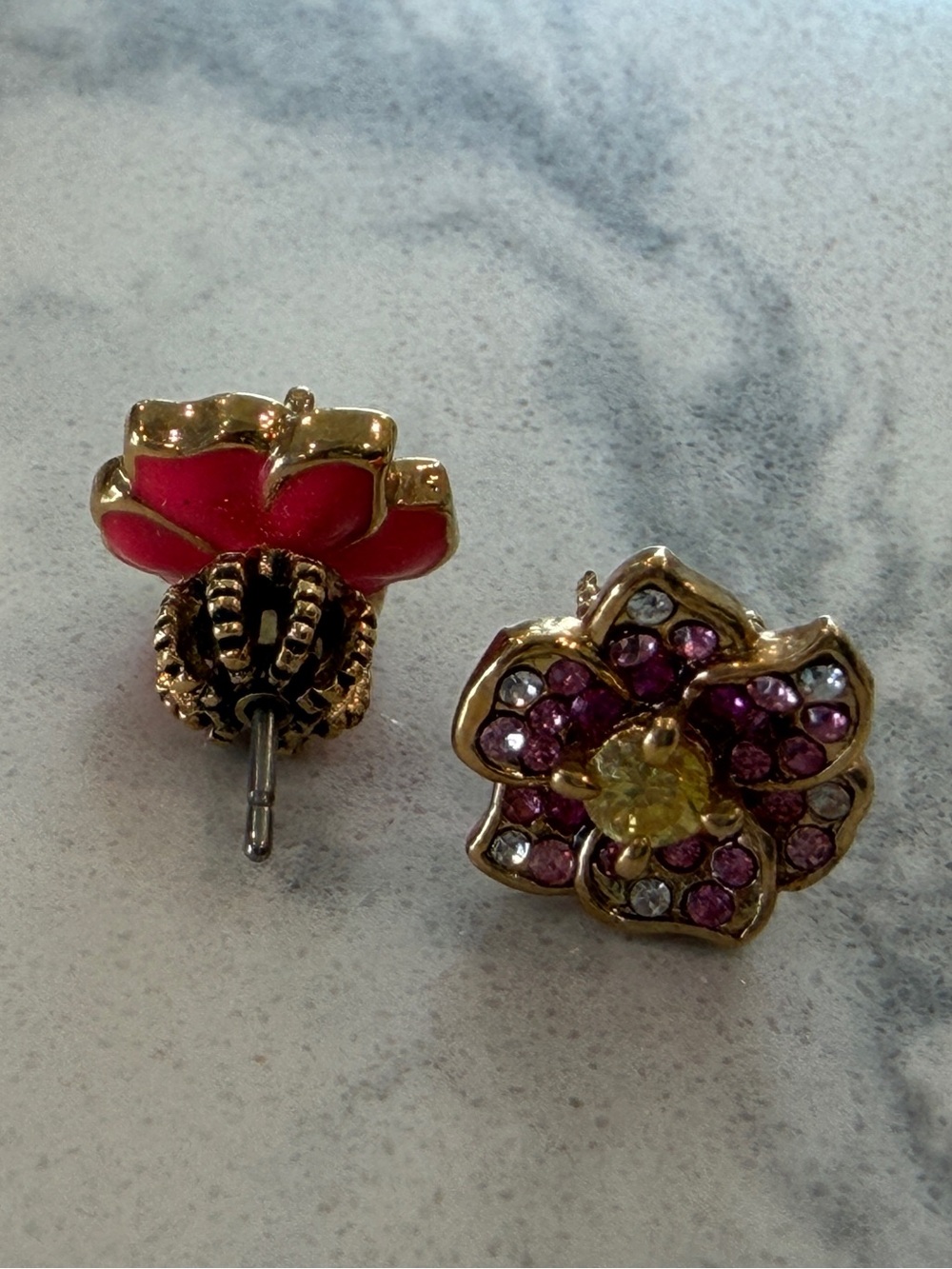 Juicy Couture Gold-Tone Floral Stud Earrings with Pink & Yellow Crystals